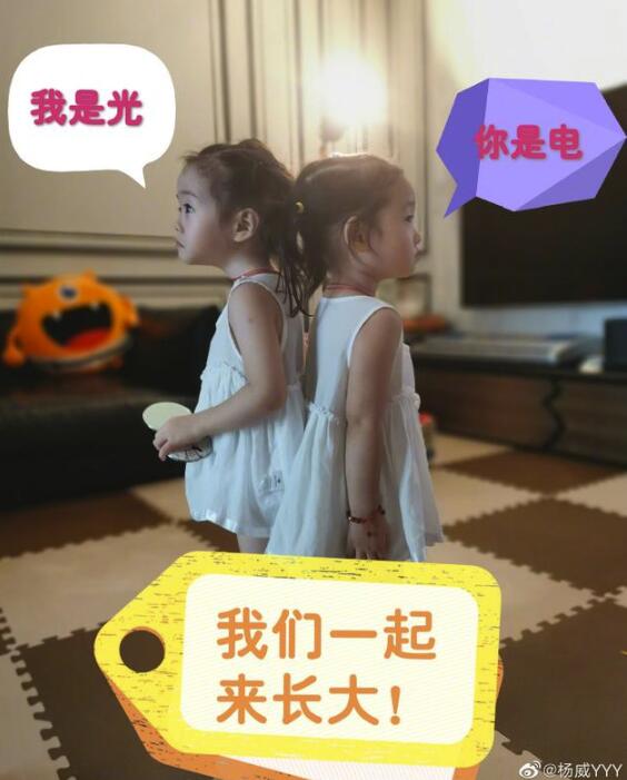 杨威晒双胞胎女儿萌照 两姐妹背靠背可爱比身高
